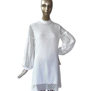White stretch lace holiday dress. Size 8, high neck, long sleeve, lined NWT